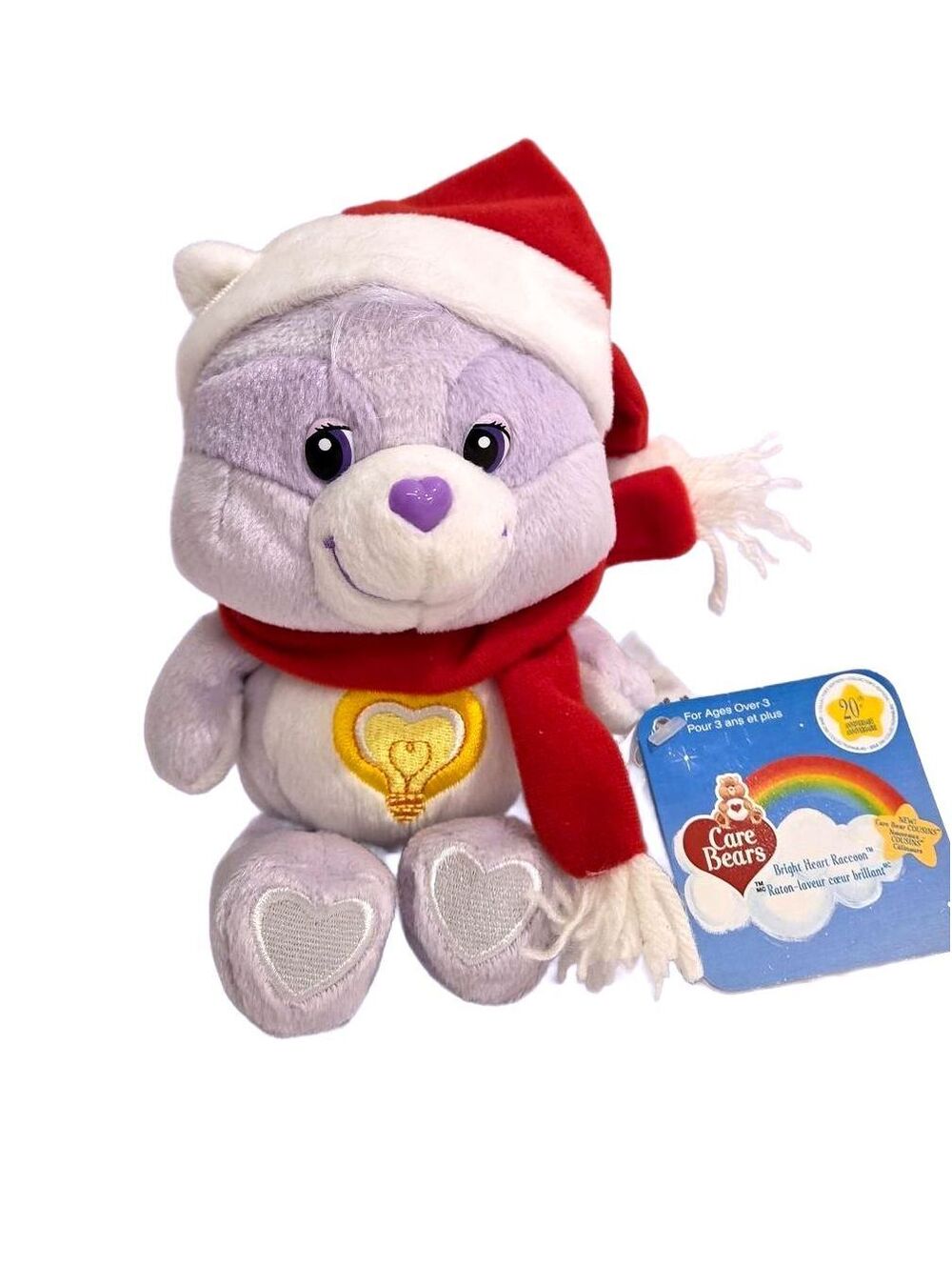 Vintage 2003 Care Bear Cousins Bright Heart Raccoon Holiday Plush NWT